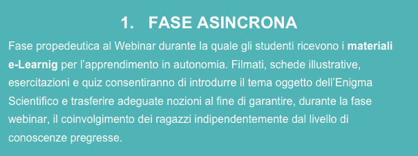 1.   FASE ASINCRONA
Fase propedeutica al Webinar durante la quale gli studenti ricevono i materiali 
e-Learnig per l’apprendimento in autonomia. Filmati, schede illustrative, esercitazioni e quiz consentiranno di introdurre il tema oggetto dell’Enigma Scientifico e trasferire adeguate nozioni al fine di garantire, durante la fase webinar, il coinvolgimento dei ragazzi indipendentemente dal livello di conoscenze pregresse. 