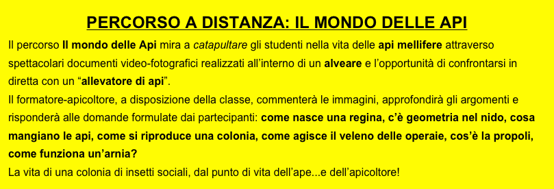 PERCORSO A DISTANZA: IL MONDO DELLE API
Il percorso Il mondo delle Api mira a catapultare gli studenti nella vita delle api mellifere attraverso spettacolari documenti video-fotografici realizzati all’interno di un alveare e l’opportunità di confrontarsi in diretta con un “allevatore di api”.
Il formatore-apicoltore, a disposizione della classe, commenterà le immagini, approfondirà gli argomenti e risponderà alle domande formulate dai partecipanti: come nasce una regina, c’è geometria nel nido, cosa mangiano le api, come si riproduce una colonia, come agisce il veleno delle operaie, cos’è la propoli, come funziona un’arnia? La vita di una colonia di insetti sociali, dal punto di vita dell’ape...e dell’apicoltore!